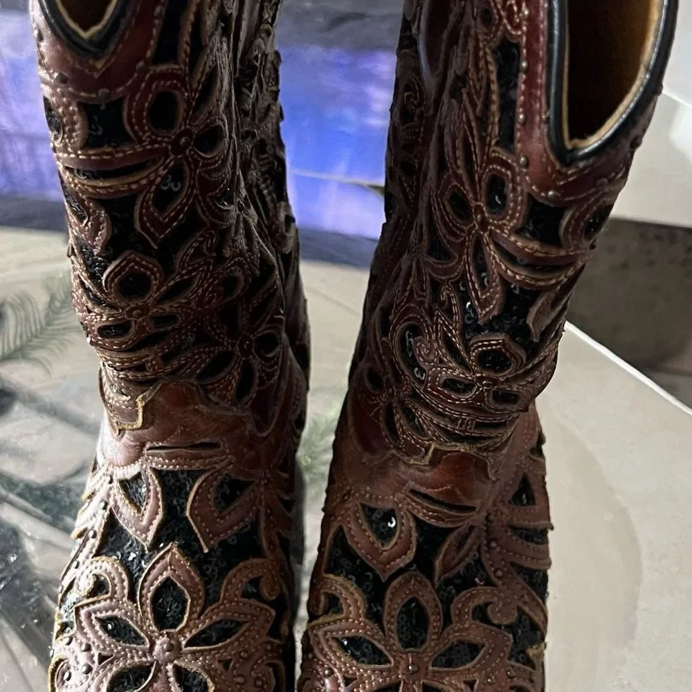 A4083g glitter INLAY FLORAL OVERLAY CRYSTALS & STUDS BROWN SNIP TOE COWBOY BOOT